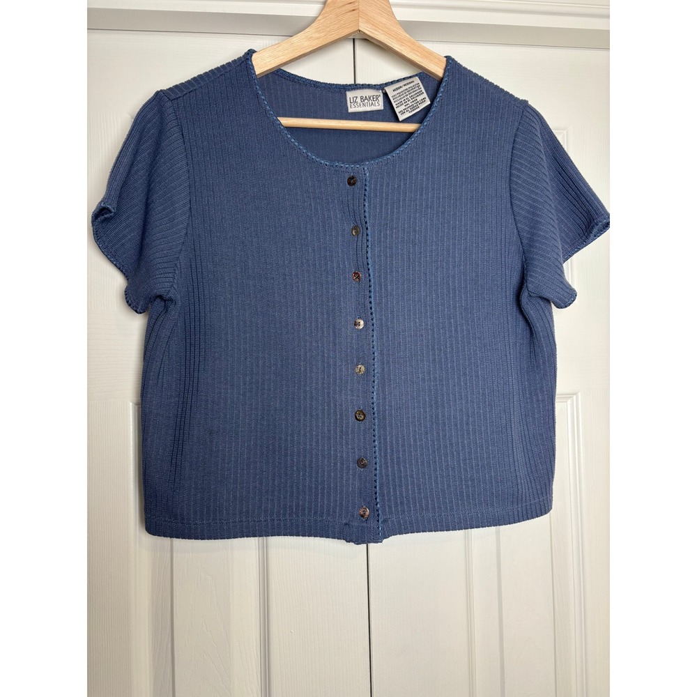 Liz Baker Essentials Vintage 90s Ribbed Short Sleeve Cardigan Blue Medium